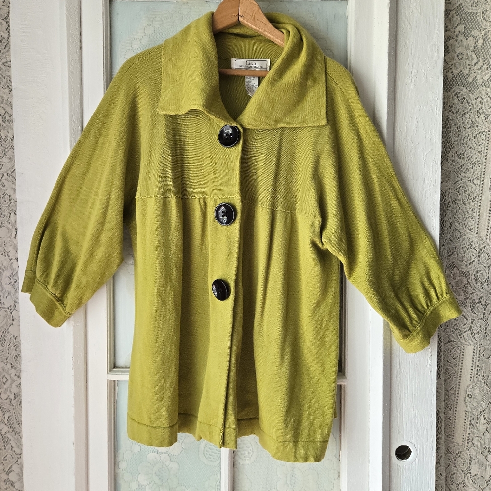 Lisa International Green Cotton Puff Sleeve Cardigan 1X